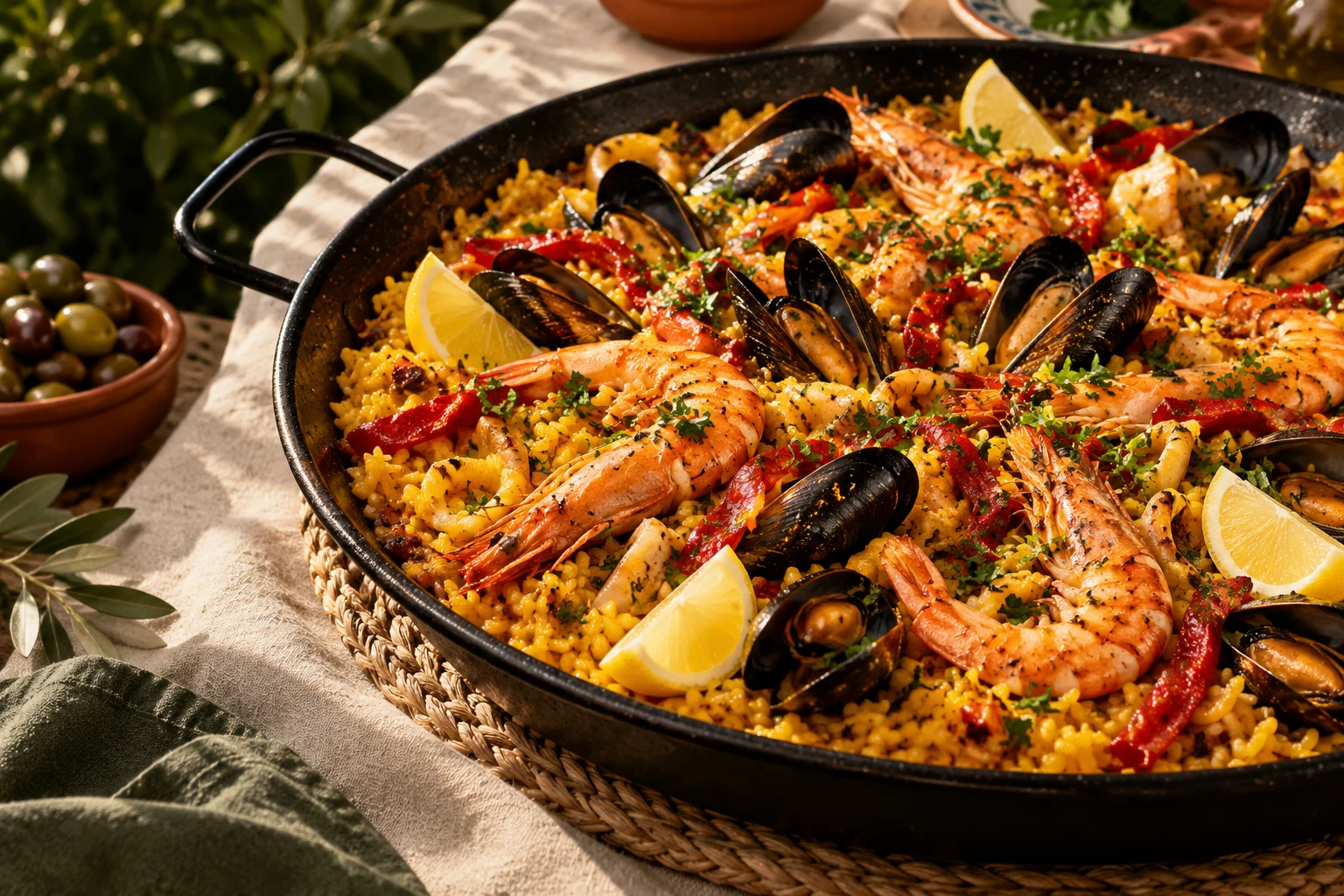 Paella de mariscos con camarones, mejillones y limón — imagen ilustrativa